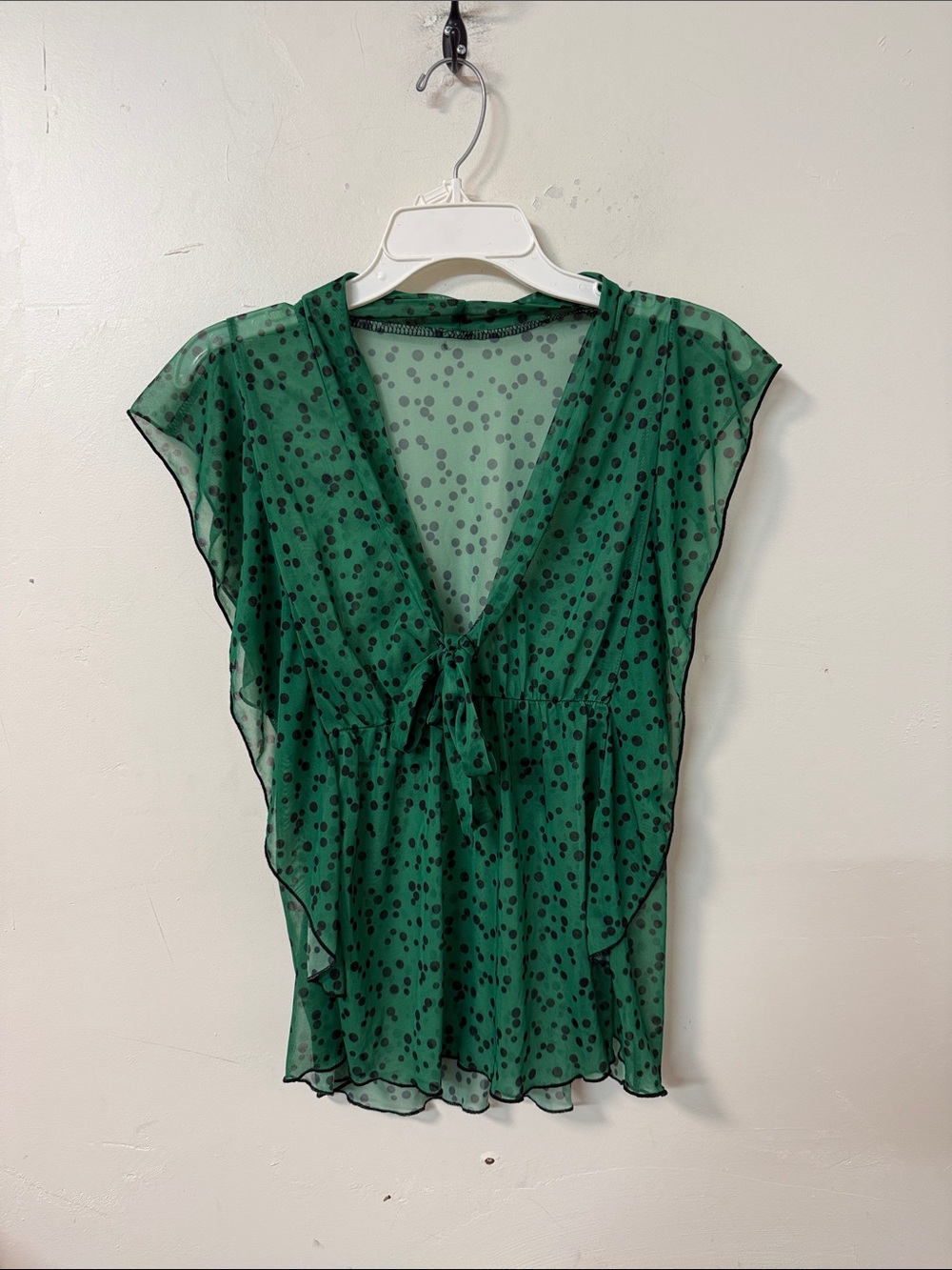 Green Polka Dot V-Neck Flutter Sleeve Top Y2K